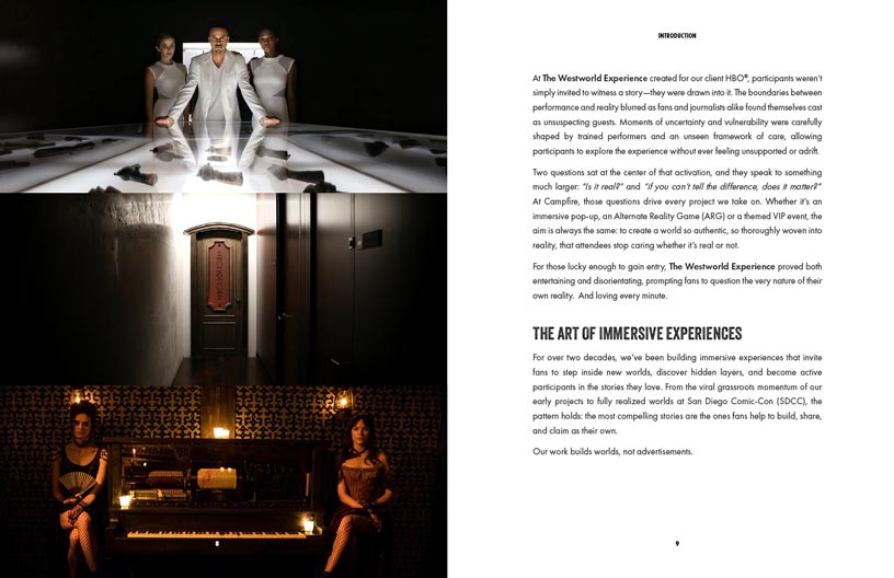 Book spread showing the Westworld Experience introduction with immersive photography