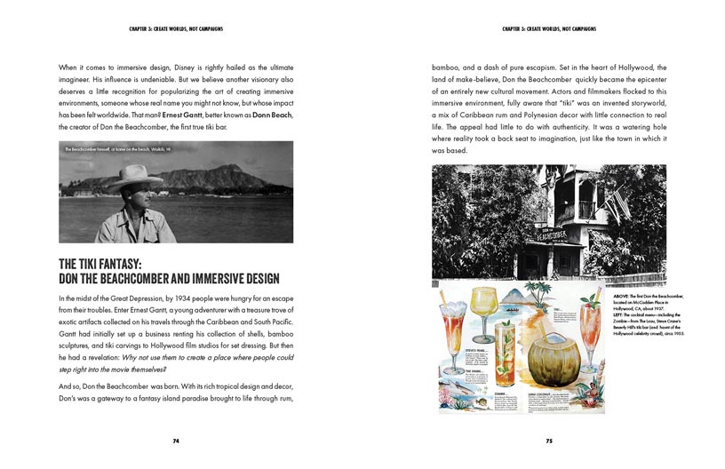 Book spread from Chapter 3 showing Don the Beachcomber and tiki bar history