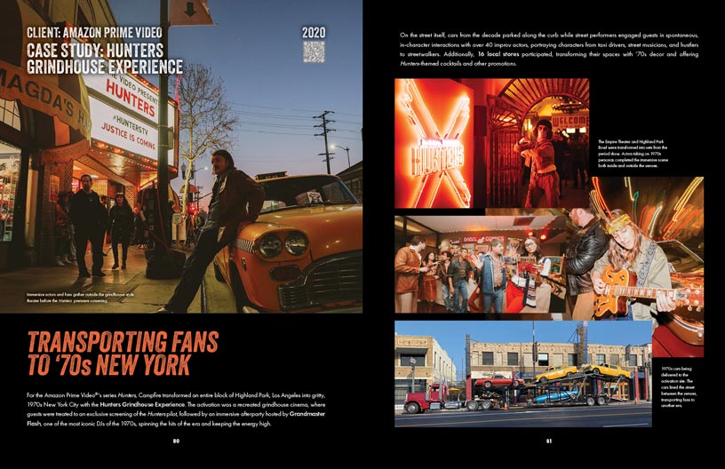 Book spread showing the Hunters Grindhouse Experience case study with 1970s New York photography