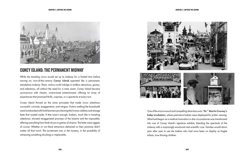 Book spread from Chapter 7 showing Coney Island historical photographs