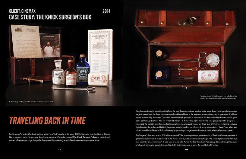 Book spread showing The Knick Surgeon's Box with hand-crafted antique medical artifacts