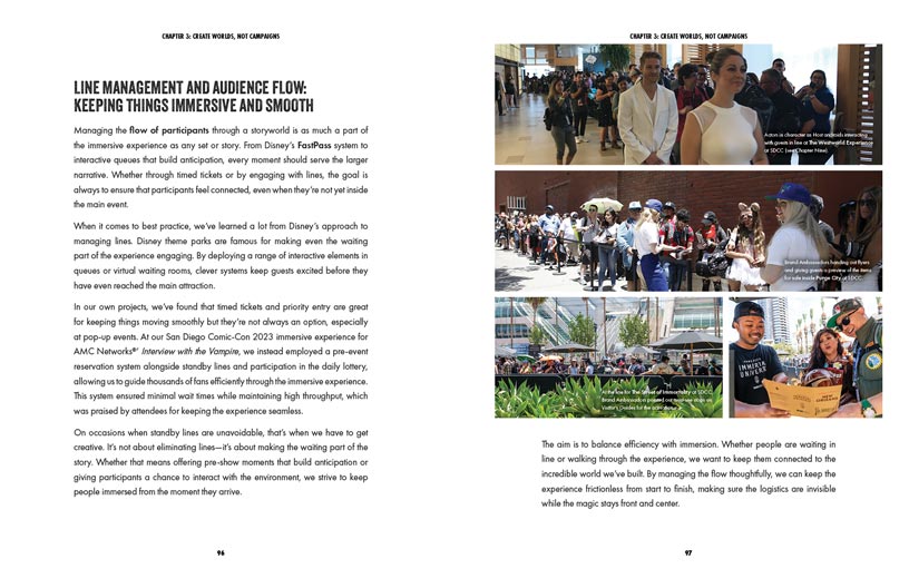 Book spread from Chapter 3 about audience flow and line management at immersive experiences