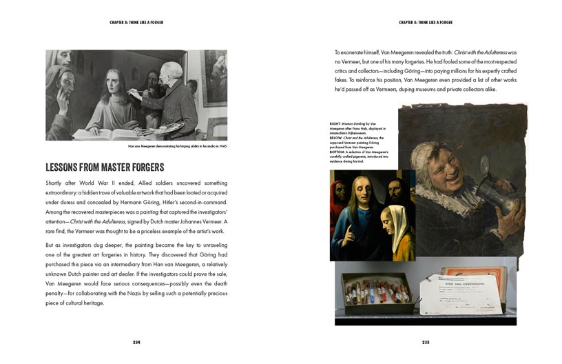 Book spread from Chapter 8 about master forgers with Van Meegeren paintings