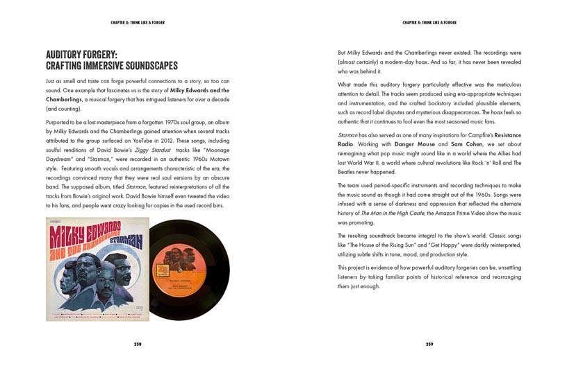 Book spread about auditory forgery featuring Milky Edwards and the Chamberlings vinyl