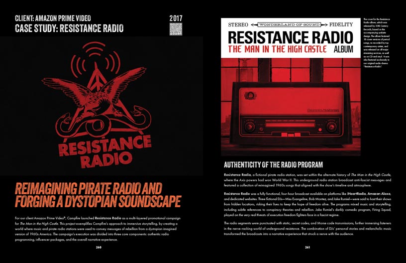 Book spread showing Resistance Radio case study with dystopian pirate radio design